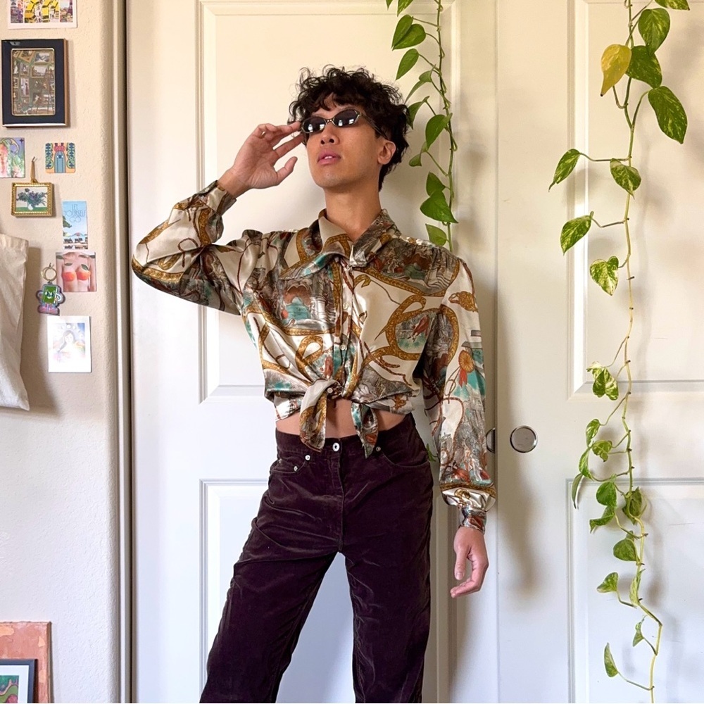 Vintage Baroque-Style Polyester Button-Up Shirt